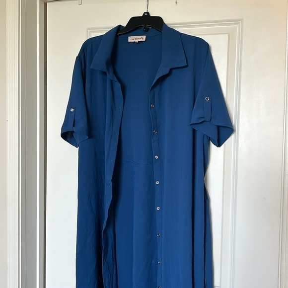 NWOT Love Blossom 3X shirt dress with tie sash and sleeve tabs in royal blue - Picture 2 of 13